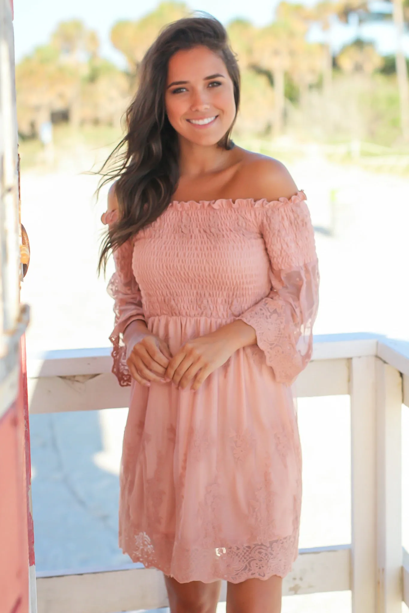 Rose Lace Off Shoulder Short Dress