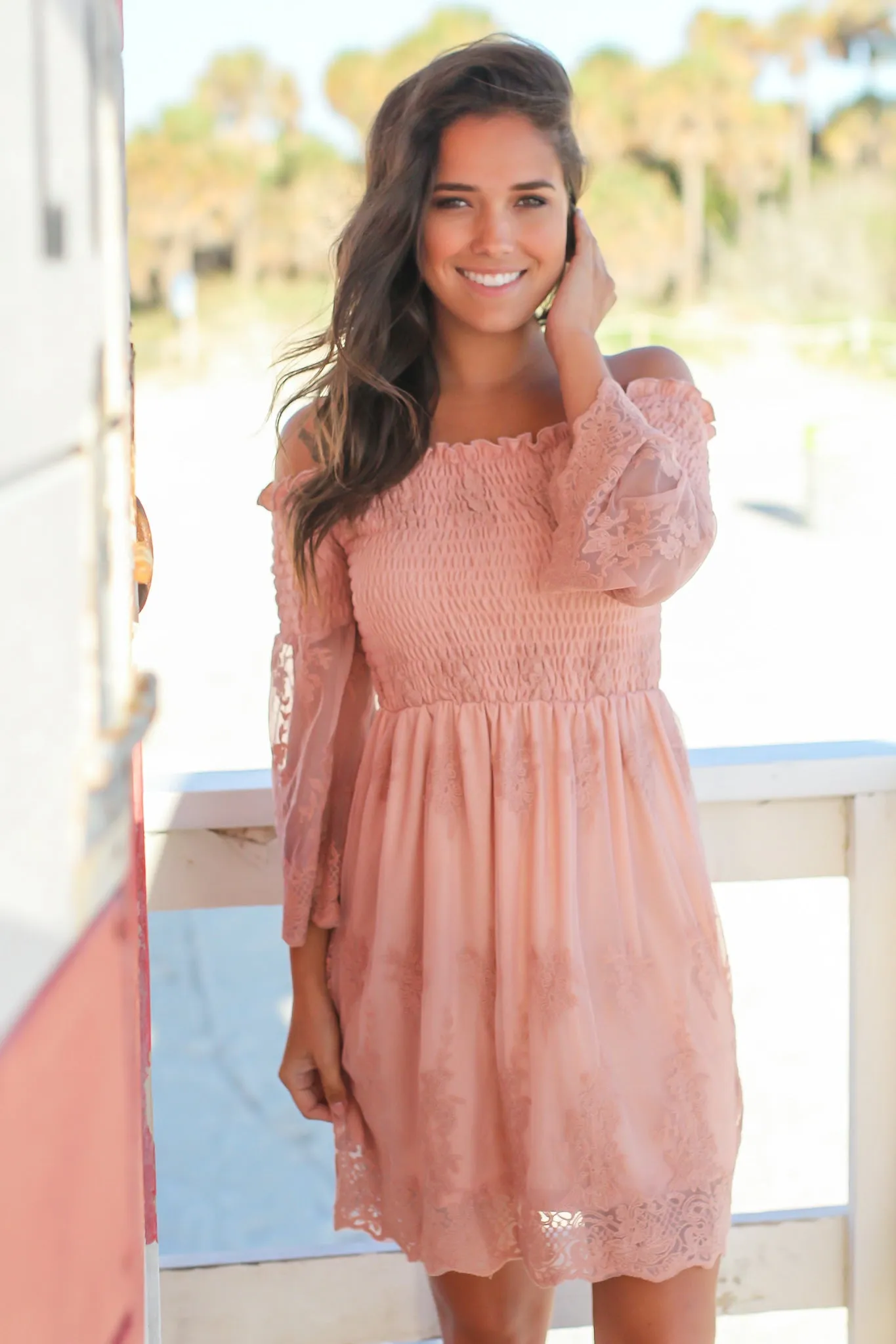 Rose Lace Off Shoulder Short Dress