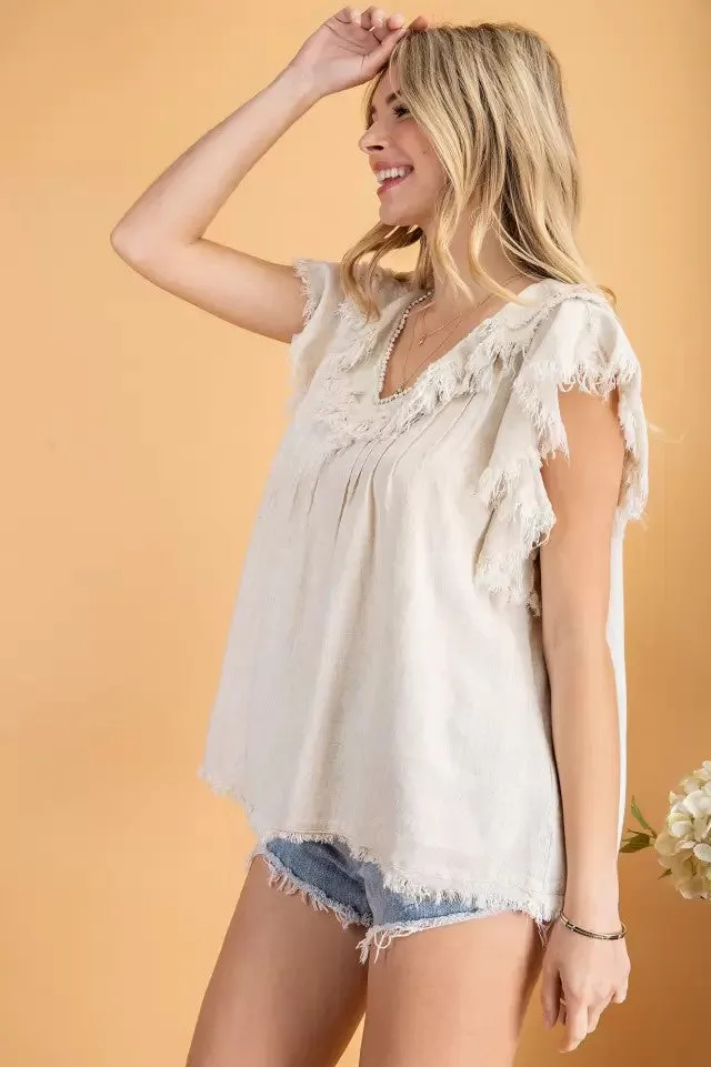 Ruffle sleeve linen woven top