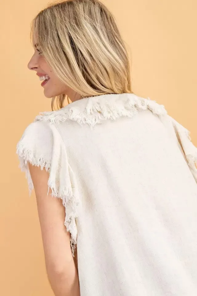 Ruffle sleeve linen woven top