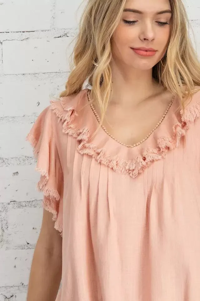 Ruffle sleeve linen woven top