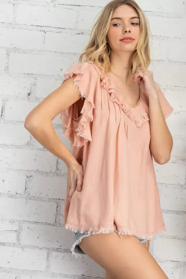 Ruffle sleeve linen woven top