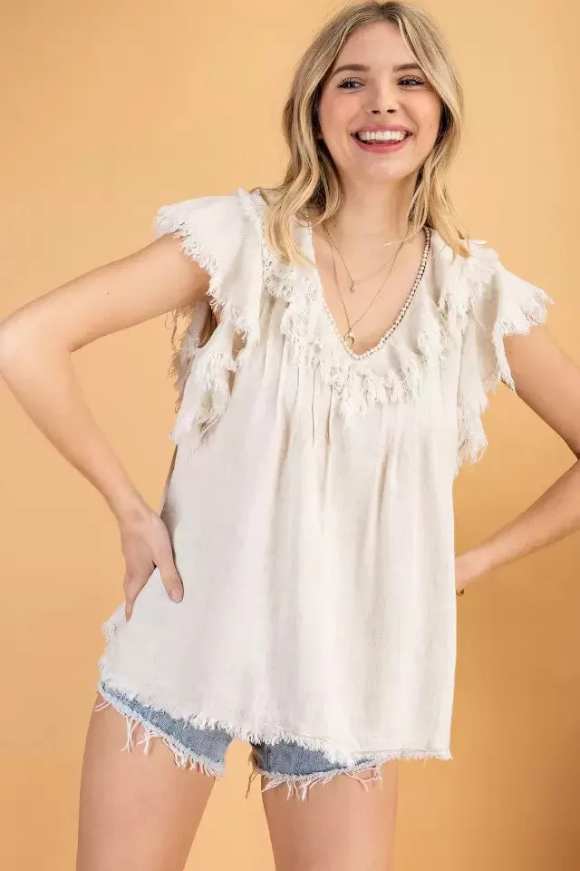 Ruffle sleeve linen woven top