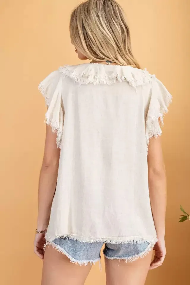 Ruffle sleeve linen woven top