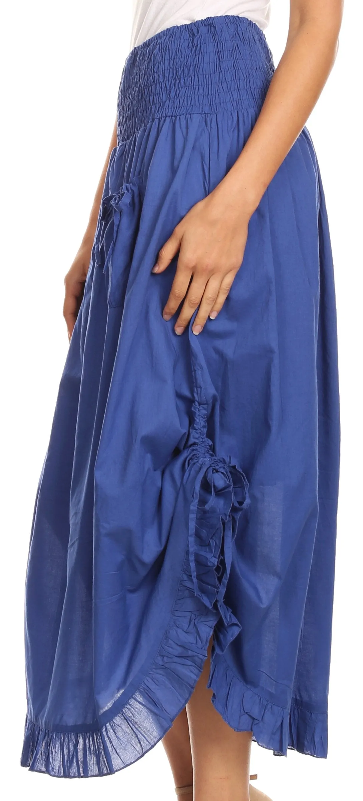 Sakkas Coco Long Cotton Ruffle Skirt with Pockets and Elastic Waistband