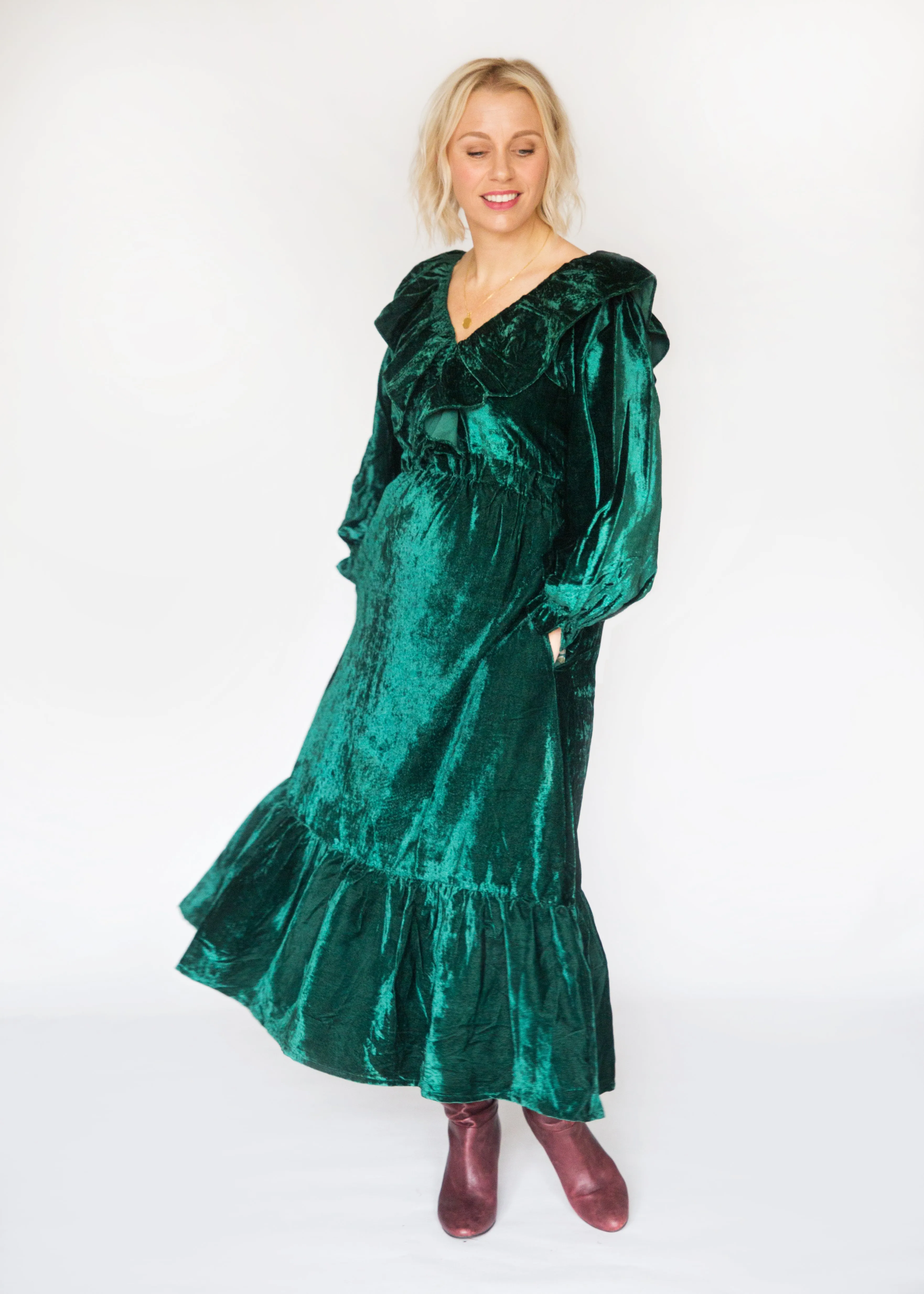 SALE The Claudia, Emerald Green Velvet Dress with Block Print Lining