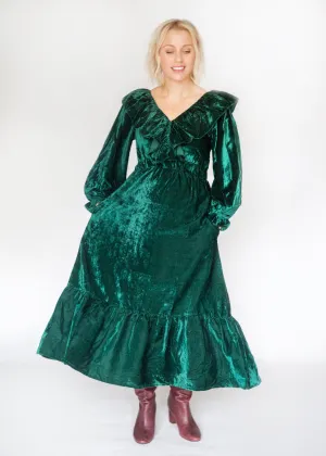 SALE The Claudia, Emerald Green Velvet Dress with Block Print Lining