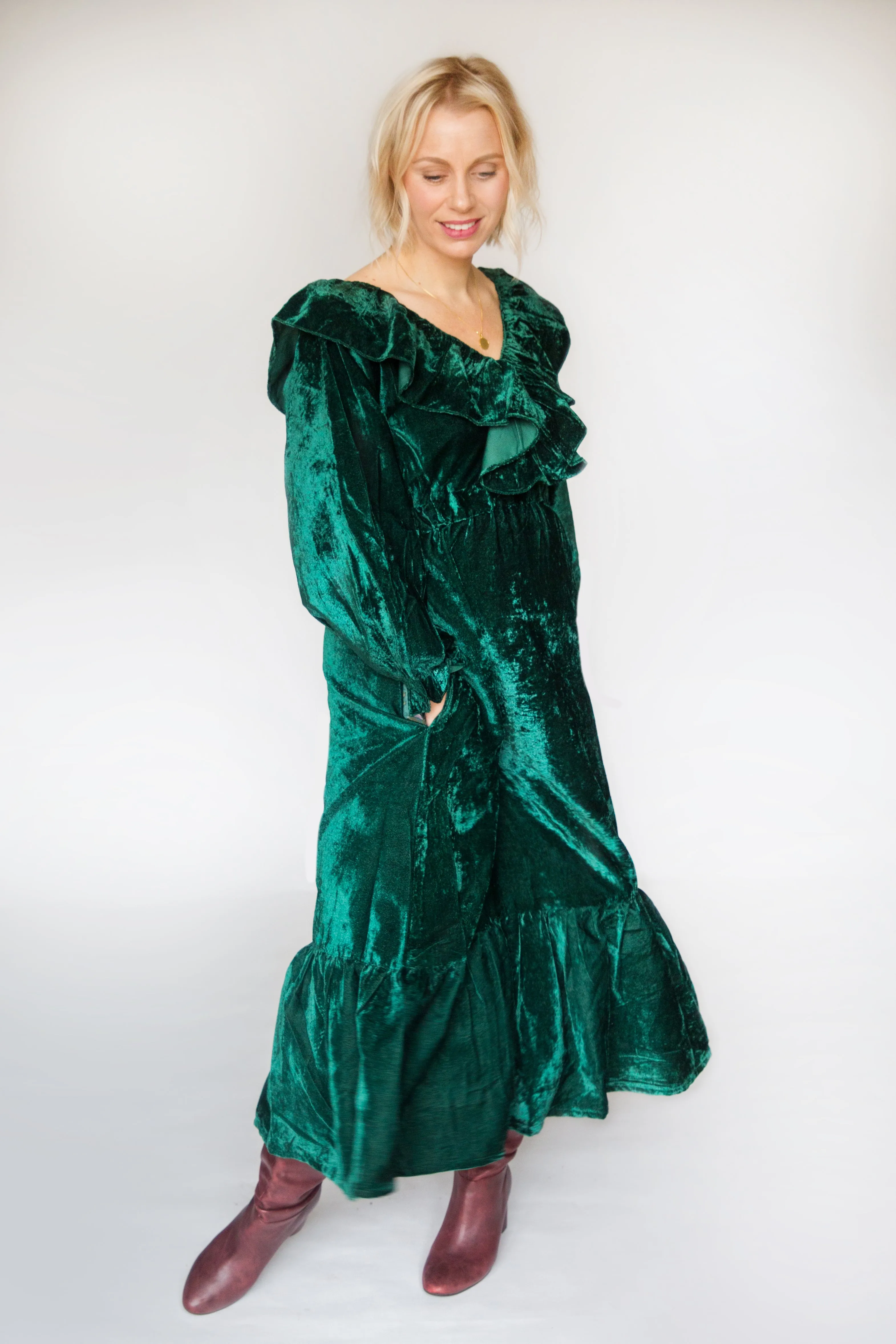 SALE The Claudia, Emerald Green Velvet Dress with Block Print Lining