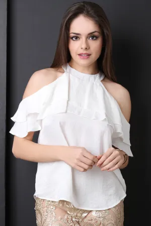 Satin Cold Shoulder Ruffle Top