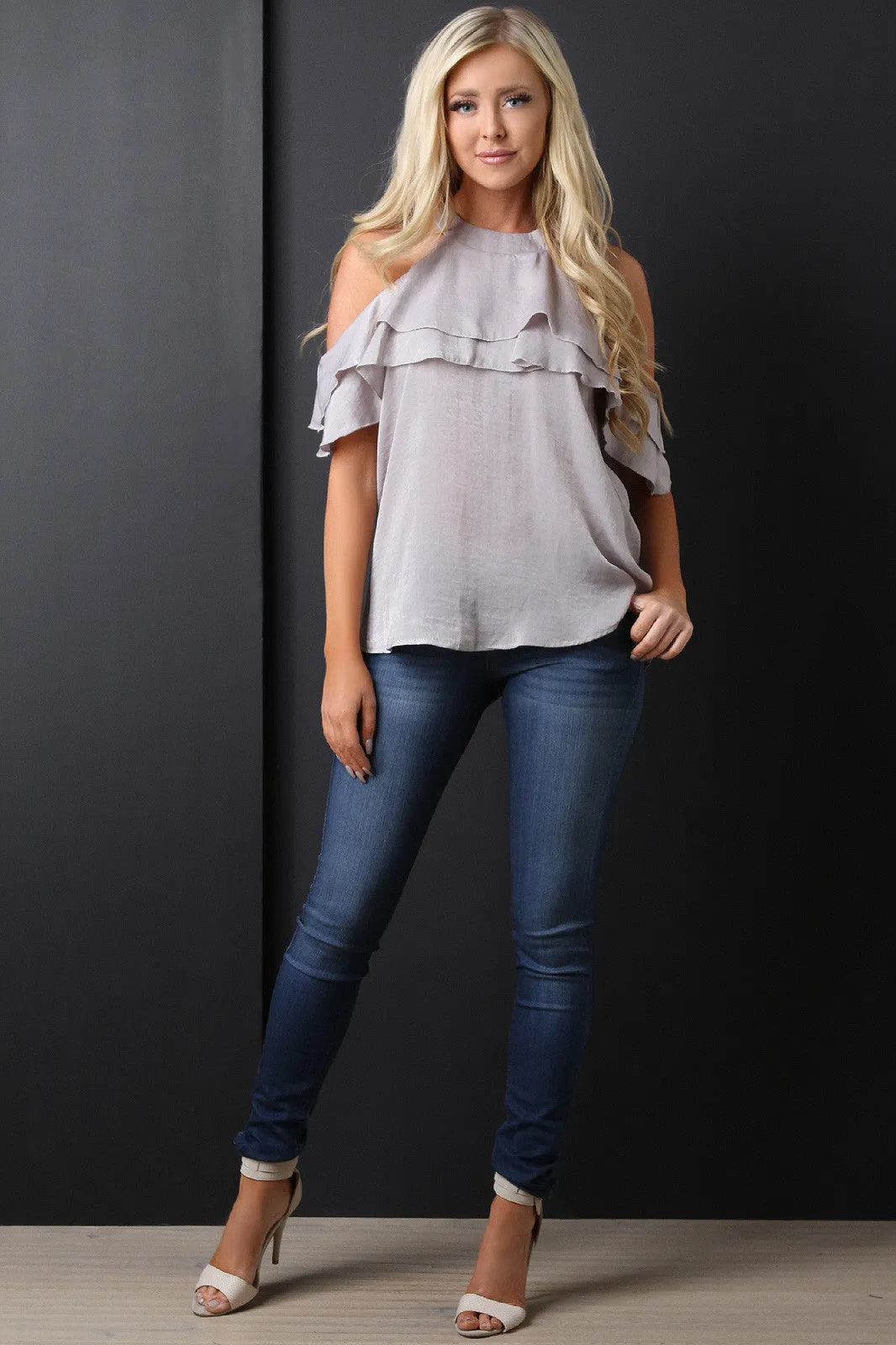 Satin Cold Shoulder Ruffle Top