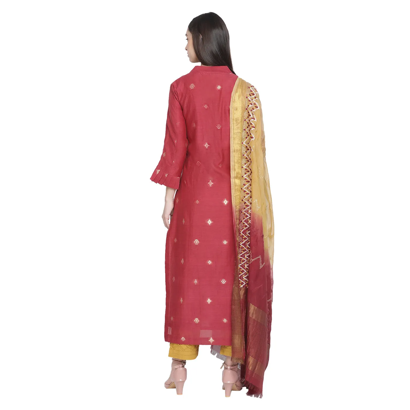 Scarlet Maroon Unstitched Suit Set with Embroidery Dupatta