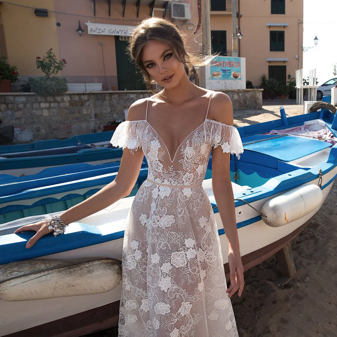 See Through Beach Wedding Dress Spaghetti Straps Lace Bridal Dress