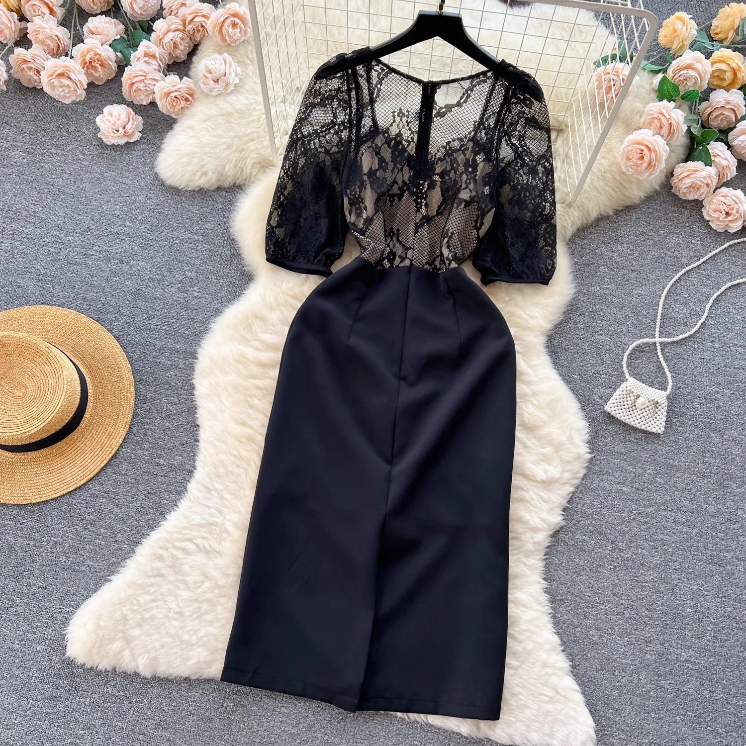 see-through lace black dress women's long skirt    S4657