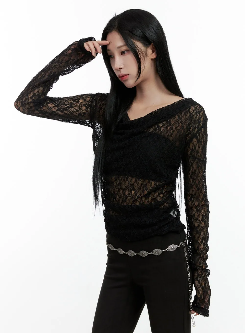 See-Through Spandex Lace Long Sleeve Tee CN408