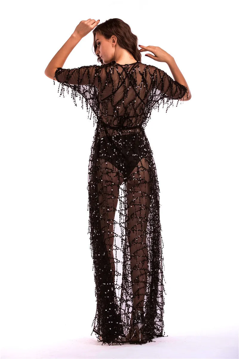 Sequined Tasseled Lace-up See Through Long Maxi Dress