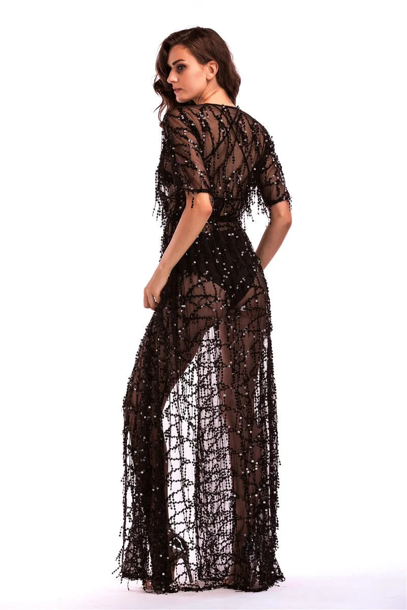 Sequined Tasseled Lace-up See Through Long Maxi Dress