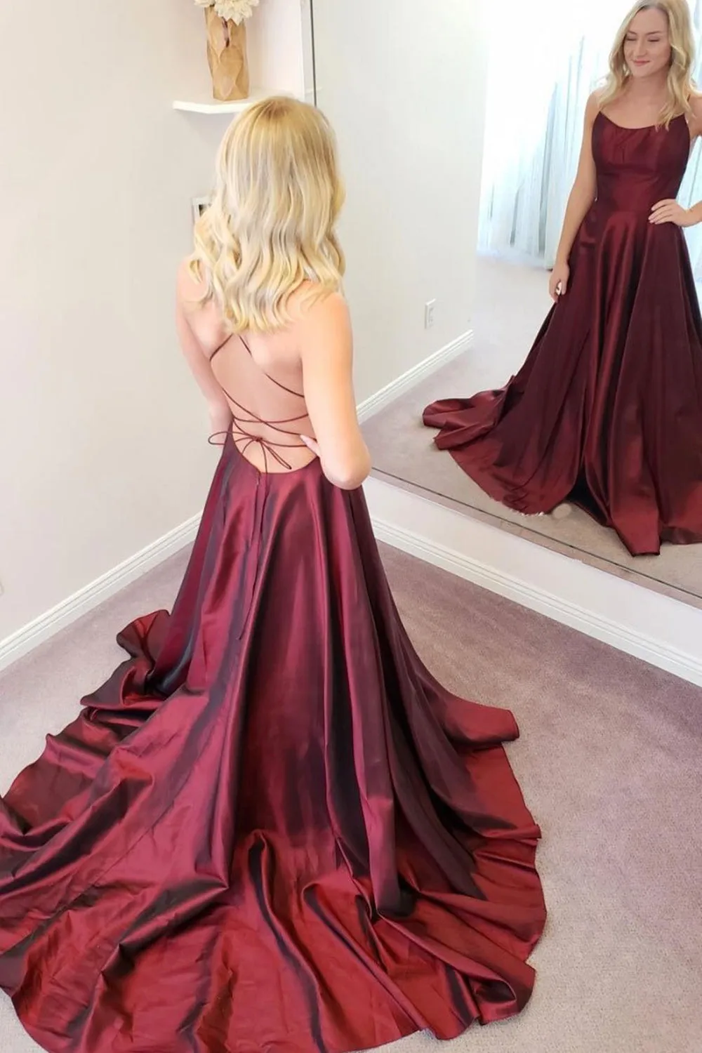 Simple A Line Backless Thin Strap Burgundy Satin Long Prom Dress, Backless Burgundy Formal Evening Dress