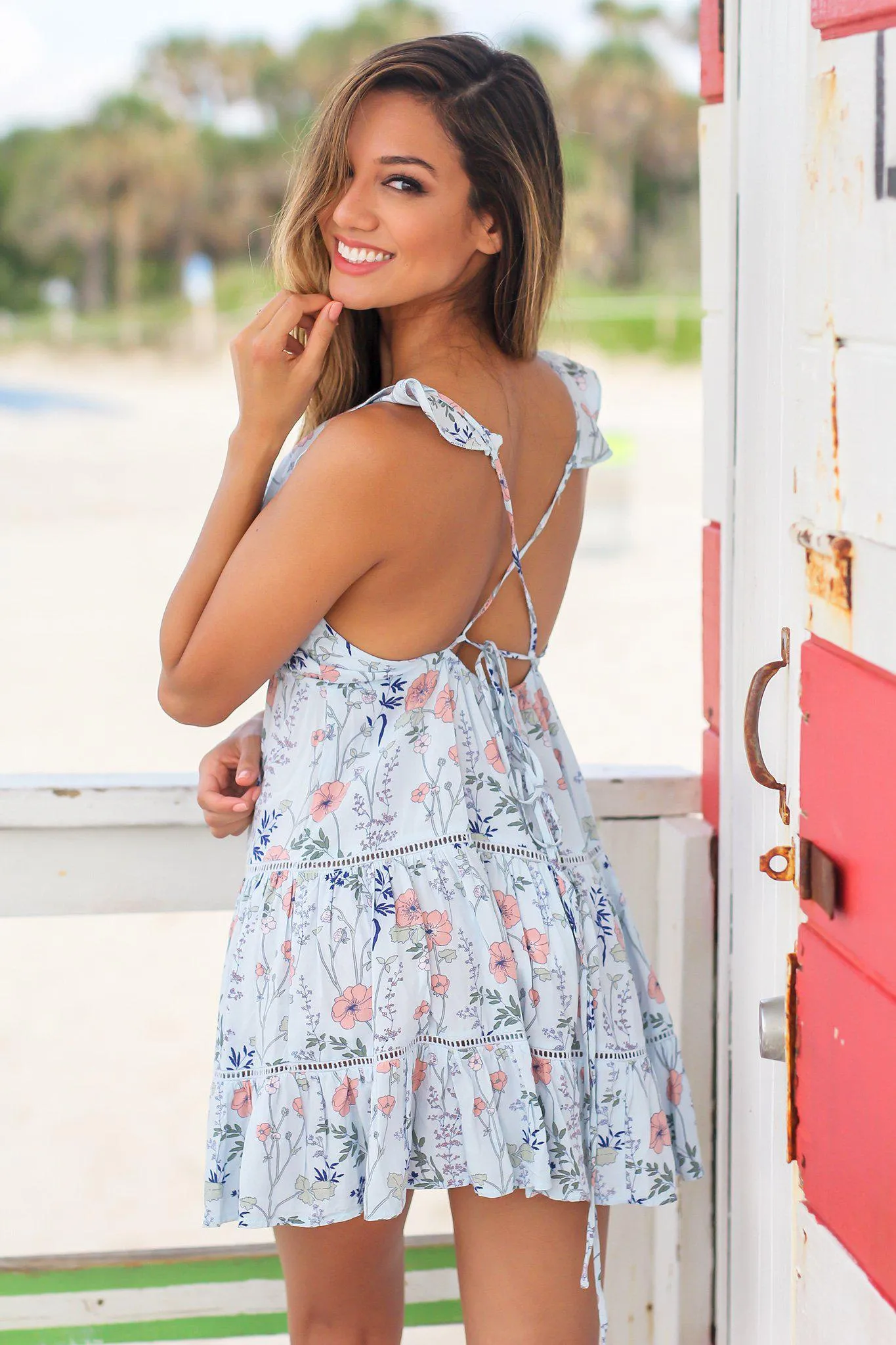 Sky Blue Floral Short Dress