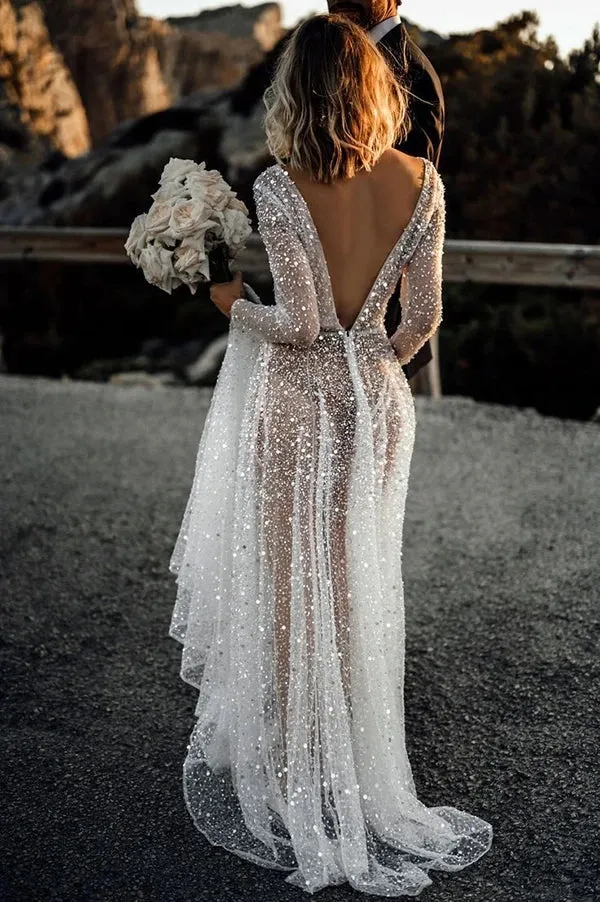 Sparkly See Through Long Sleeve Wedding Dress