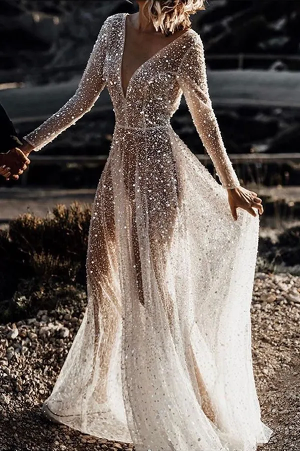 Sparkly See Through Long Sleeve Wedding Dress