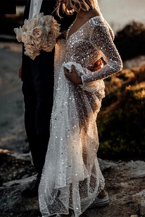 Sparkly See Through Long Sleeve Wedding Dress