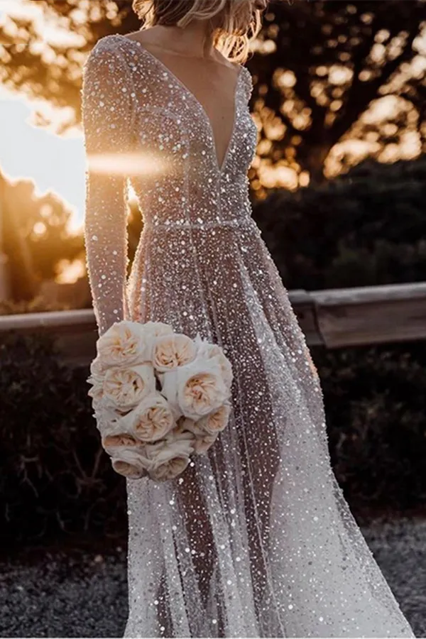 Sparkly See Through Long Sleeve Wedding Dress