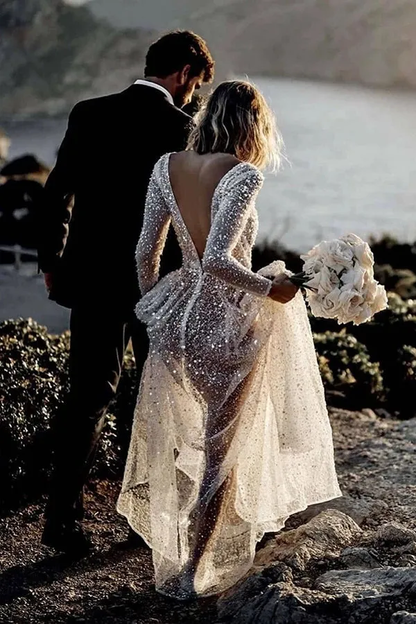 Sparkly See Through Long Sleeve Wedding Dress