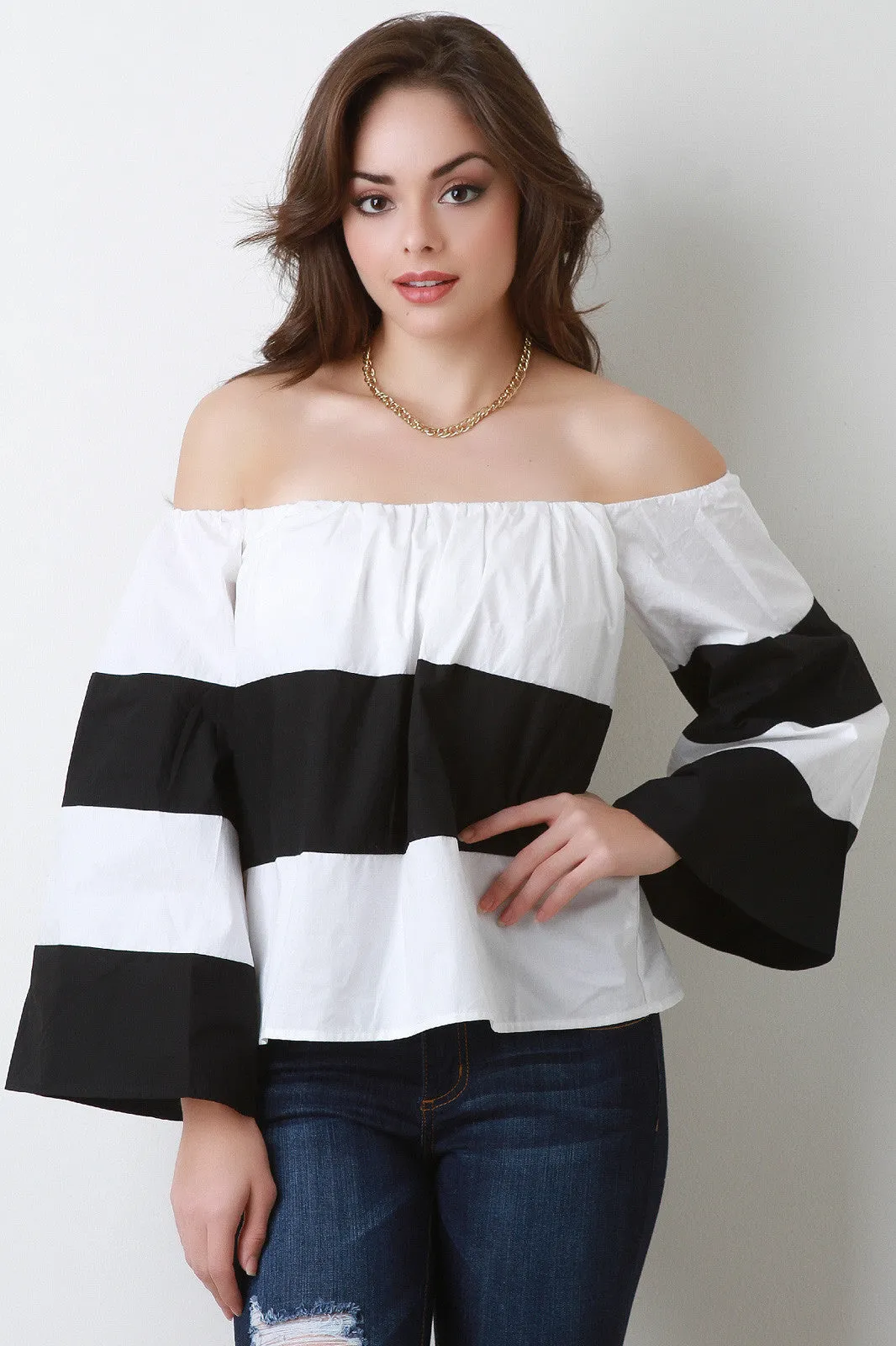 Stripe Off The Shoulder Wide Hem Long Sleeve Top