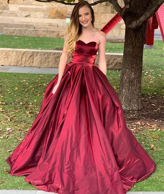 Sweetheart Neck Backless Burgundy Satin Long Prom Dress, Burgundy Ball Gown, Burgundy Formal Dress