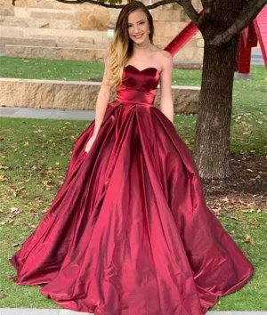 Sweetheart Neck Backless Burgundy Satin Long Prom Dress, Burgundy Ball Gown, Burgundy Formal Dress