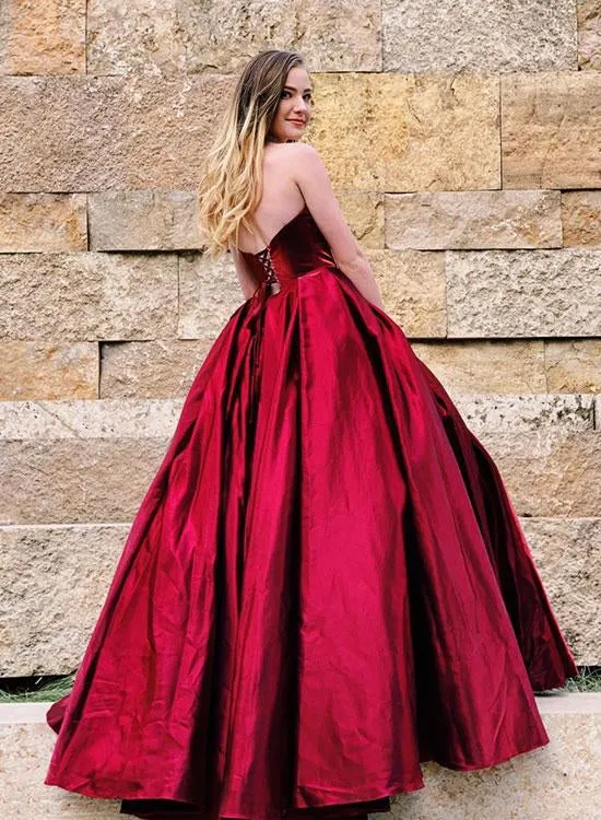 Sweetheart Neck Backless Burgundy Satin Long Prom Dress, Burgundy Ball Gown, Burgundy Formal Dress