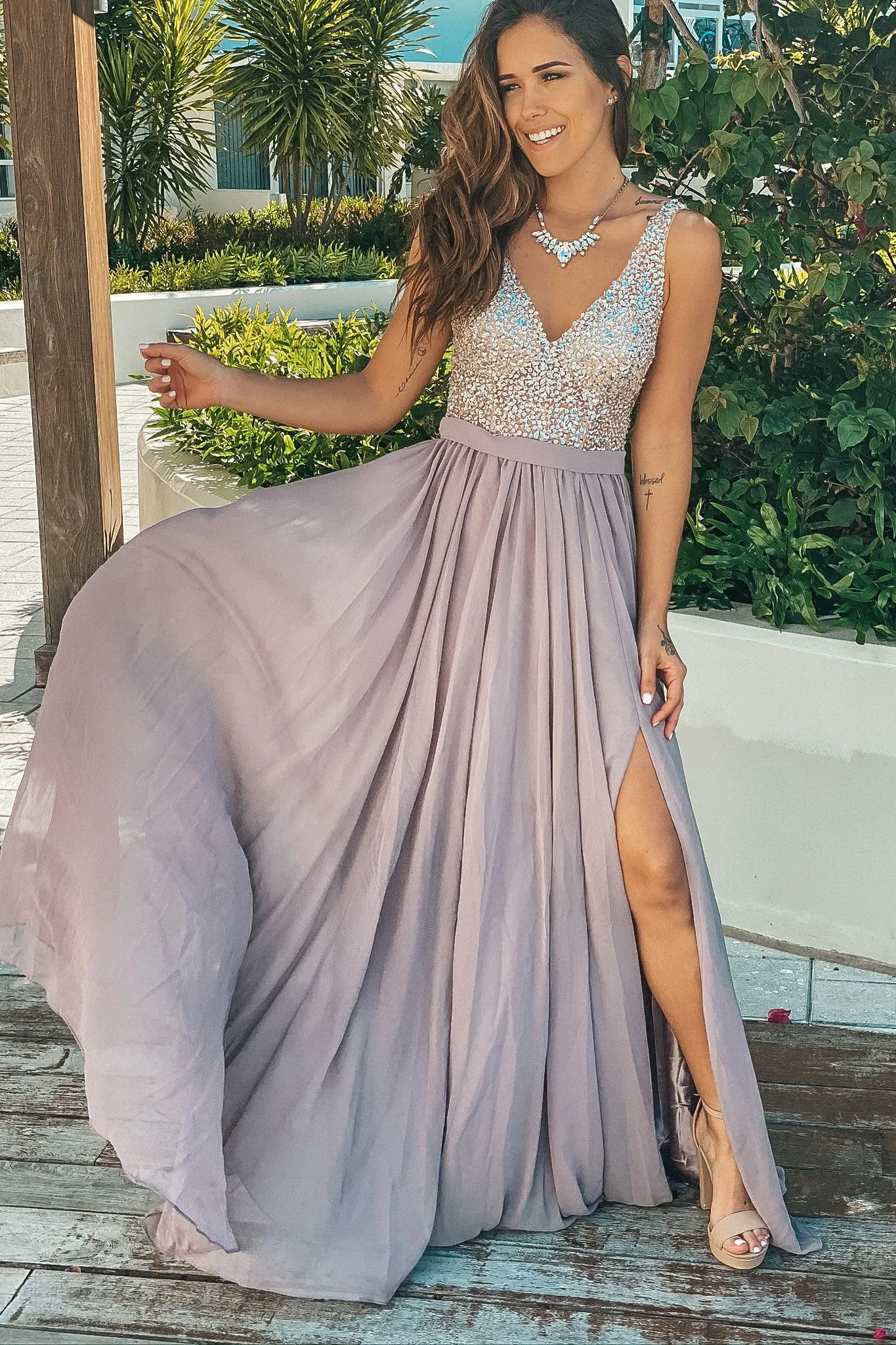 Taupe Maxi Dress with Silver Jewels