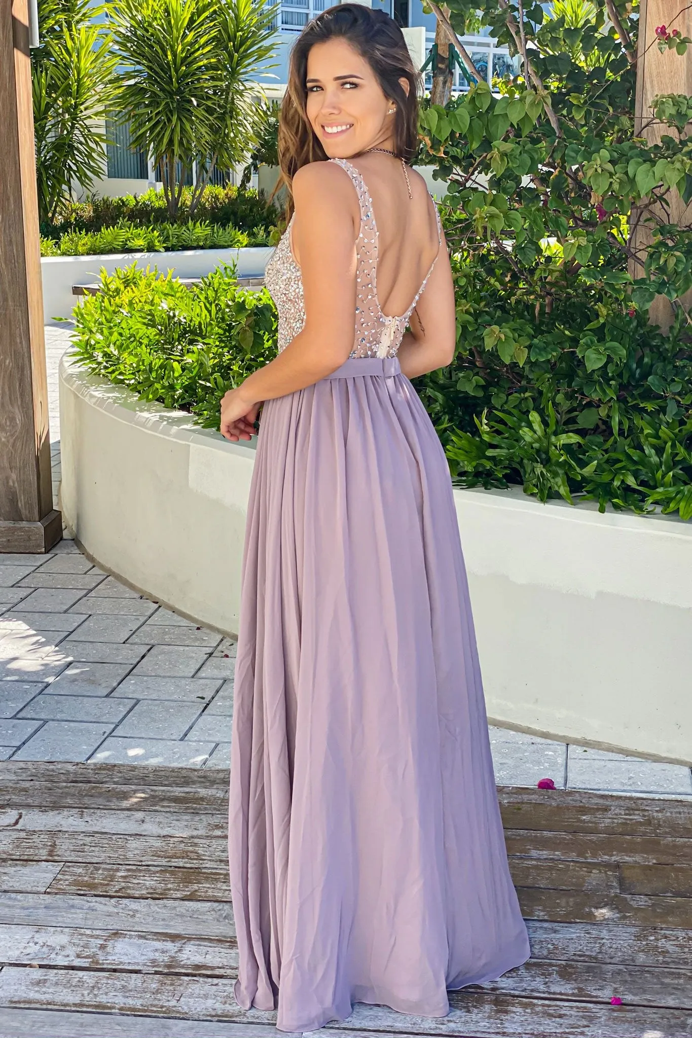 Taupe Maxi Dress with Silver Jewels