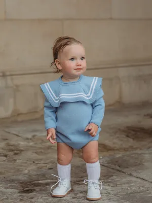 'Theo' blue & white knitted romper with sailor collar