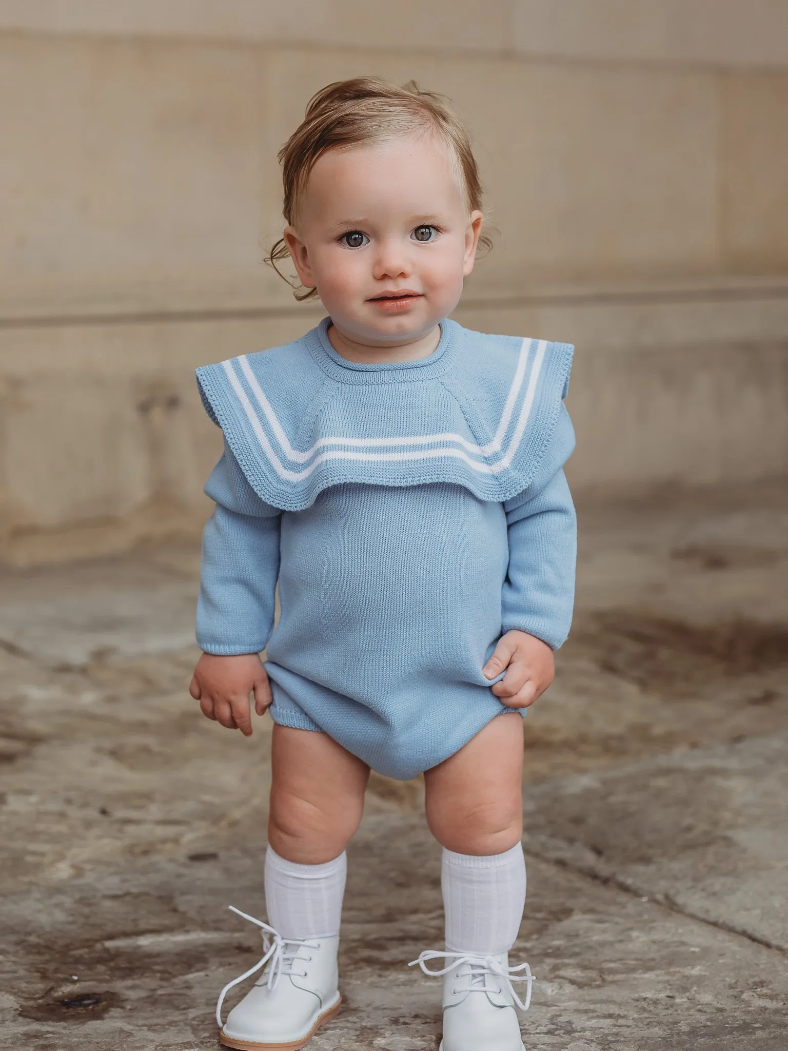 'Theo' blue & white knitted romper with sailor collar