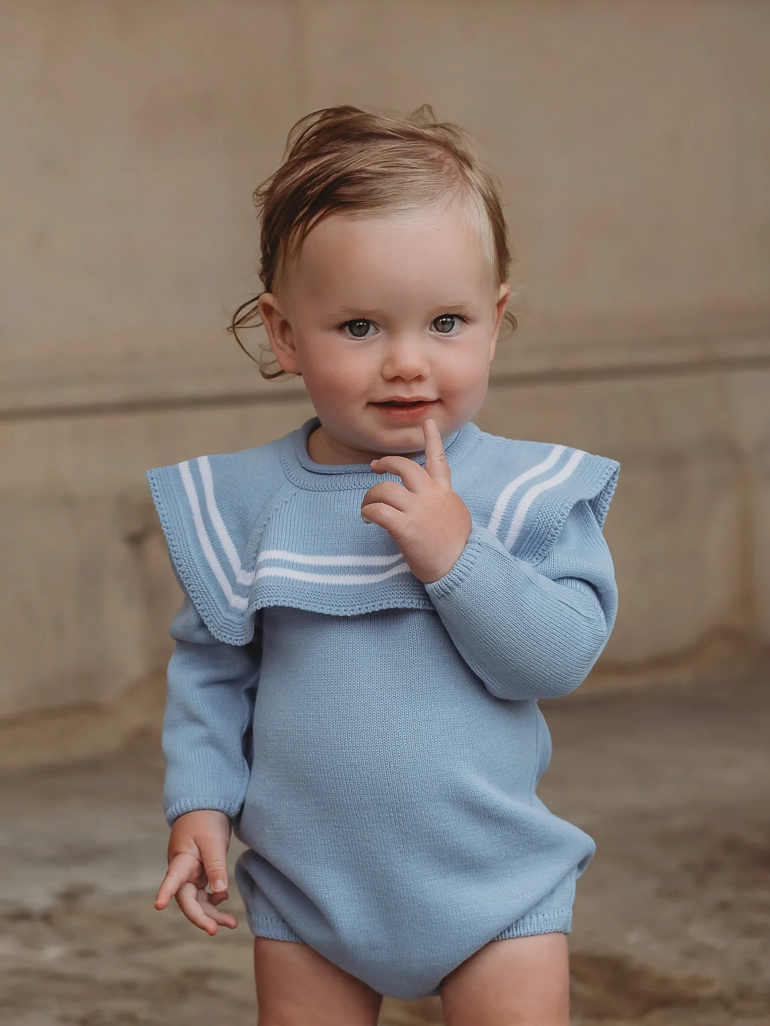 'Theo' blue & white knitted romper with sailor collar