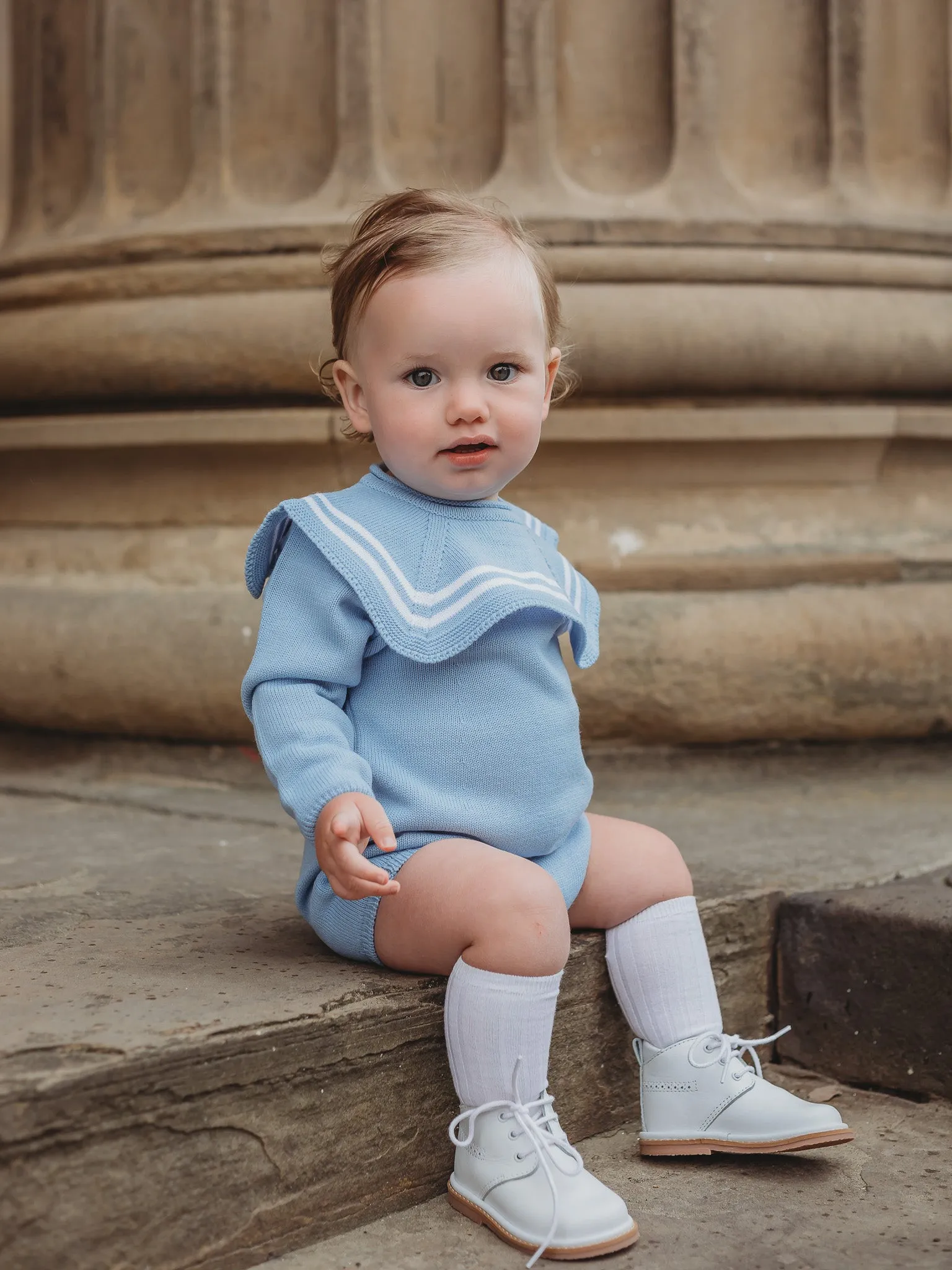 'Theo' blue & white knitted romper with sailor collar