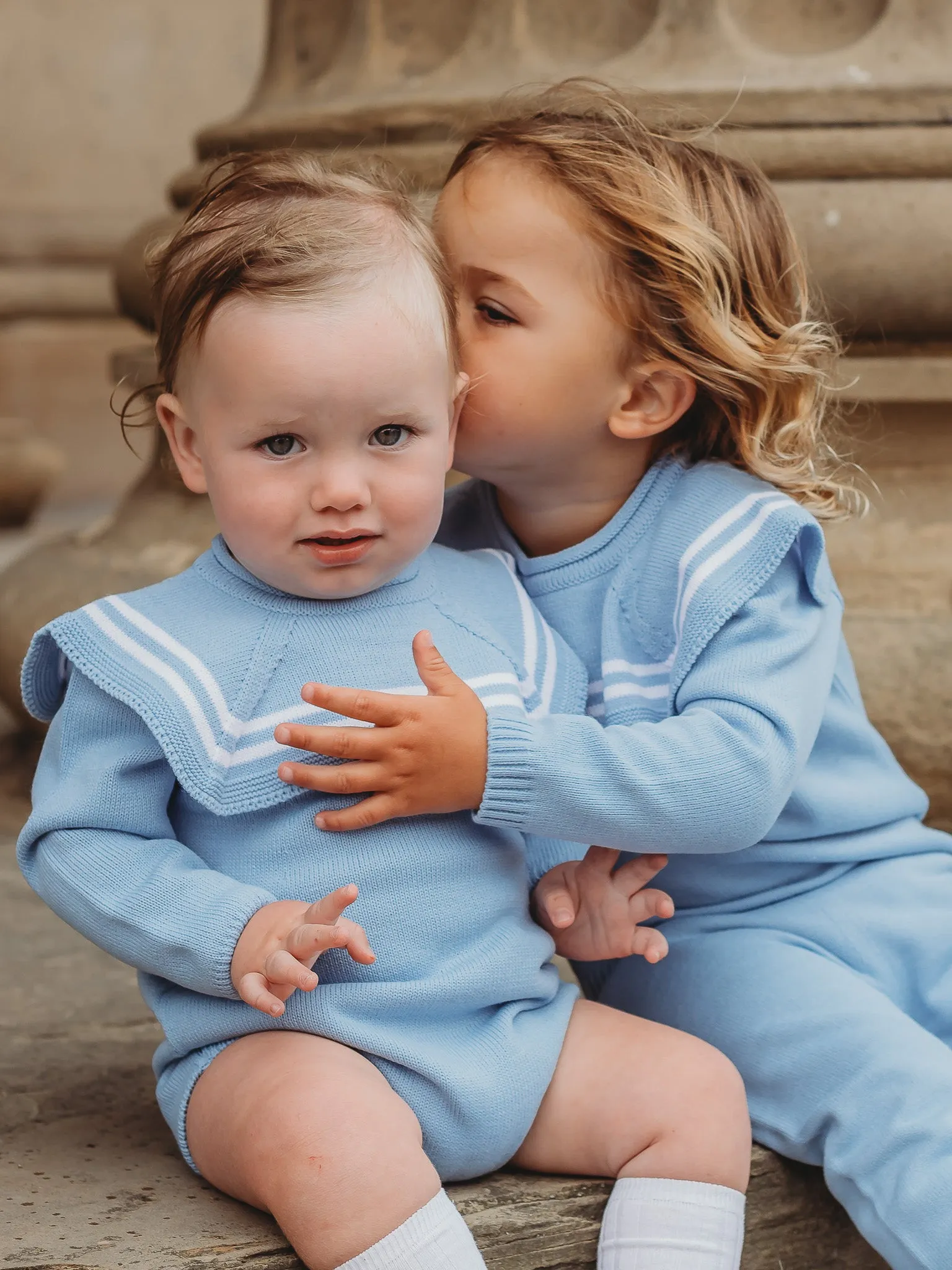 'Theo' blue & white knitted romper with sailor collar