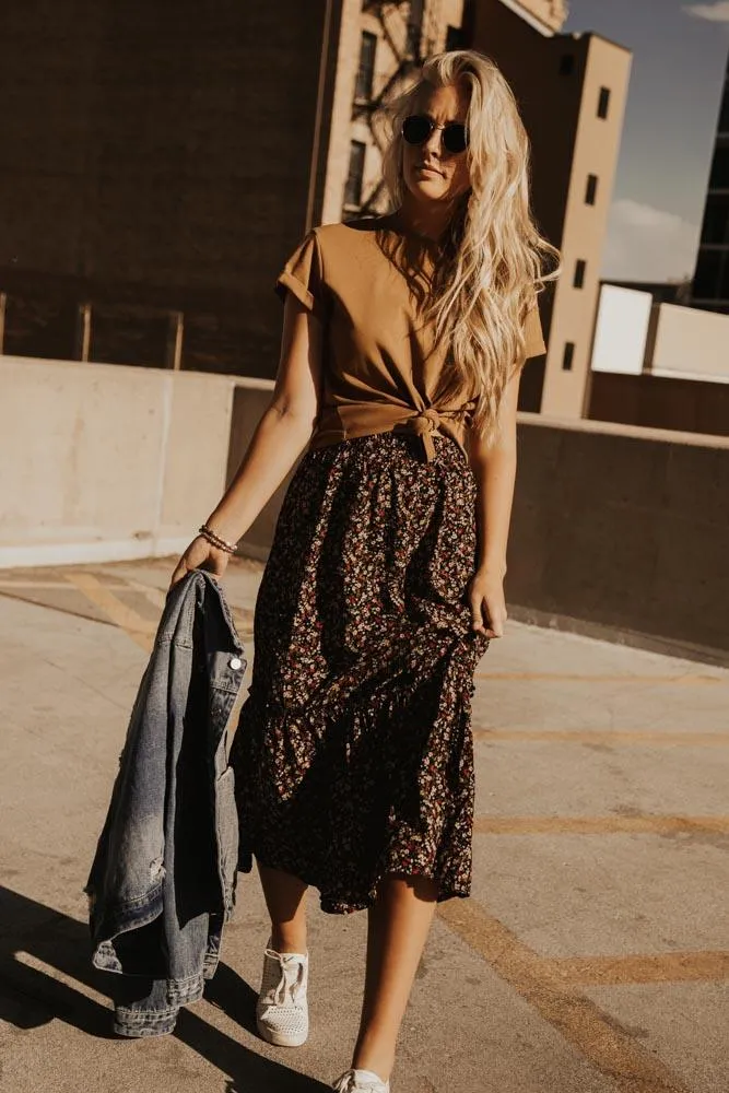 Tiara Floral Midi Skirt in Black