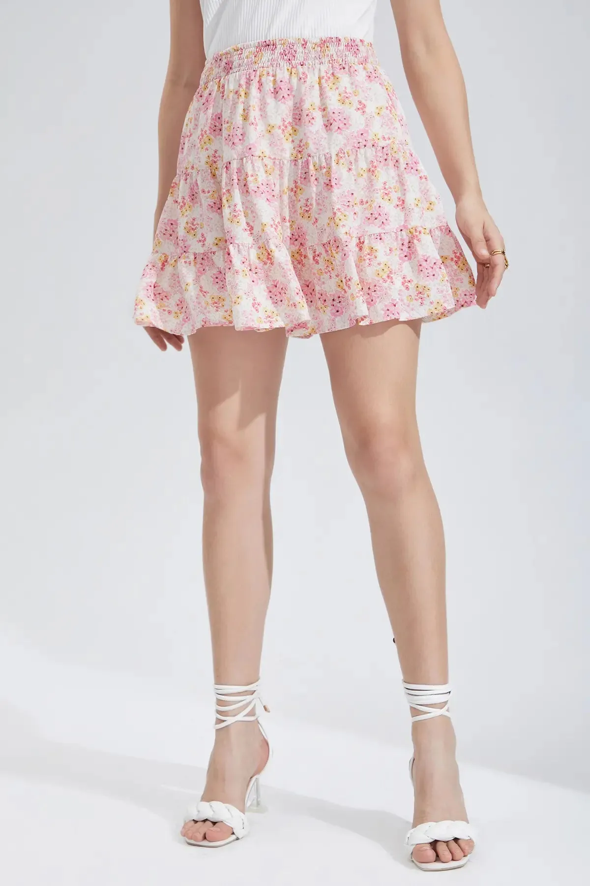 Tiered Layer Ruffle Hem Shirred Short Skirt