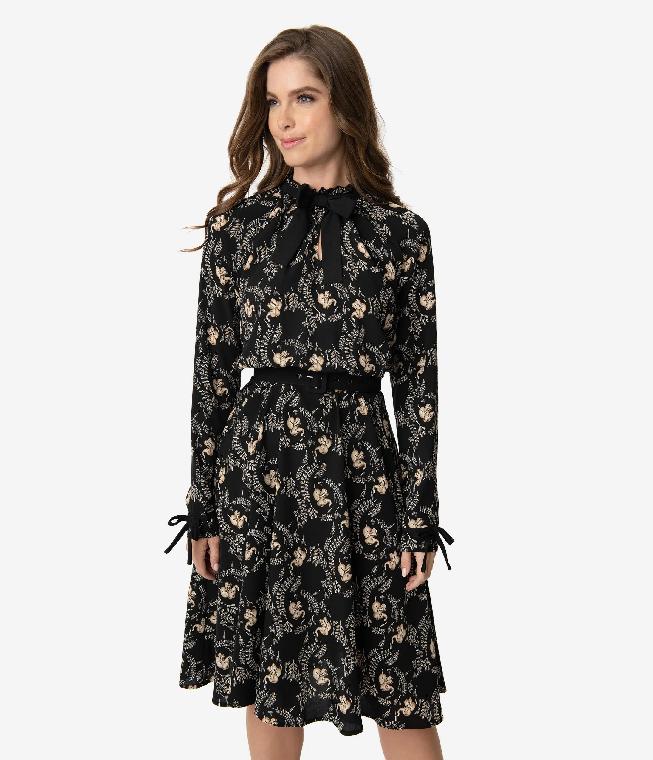 Unique Vintage 1950s Style Black Elephant Print Vandella Swing Dress