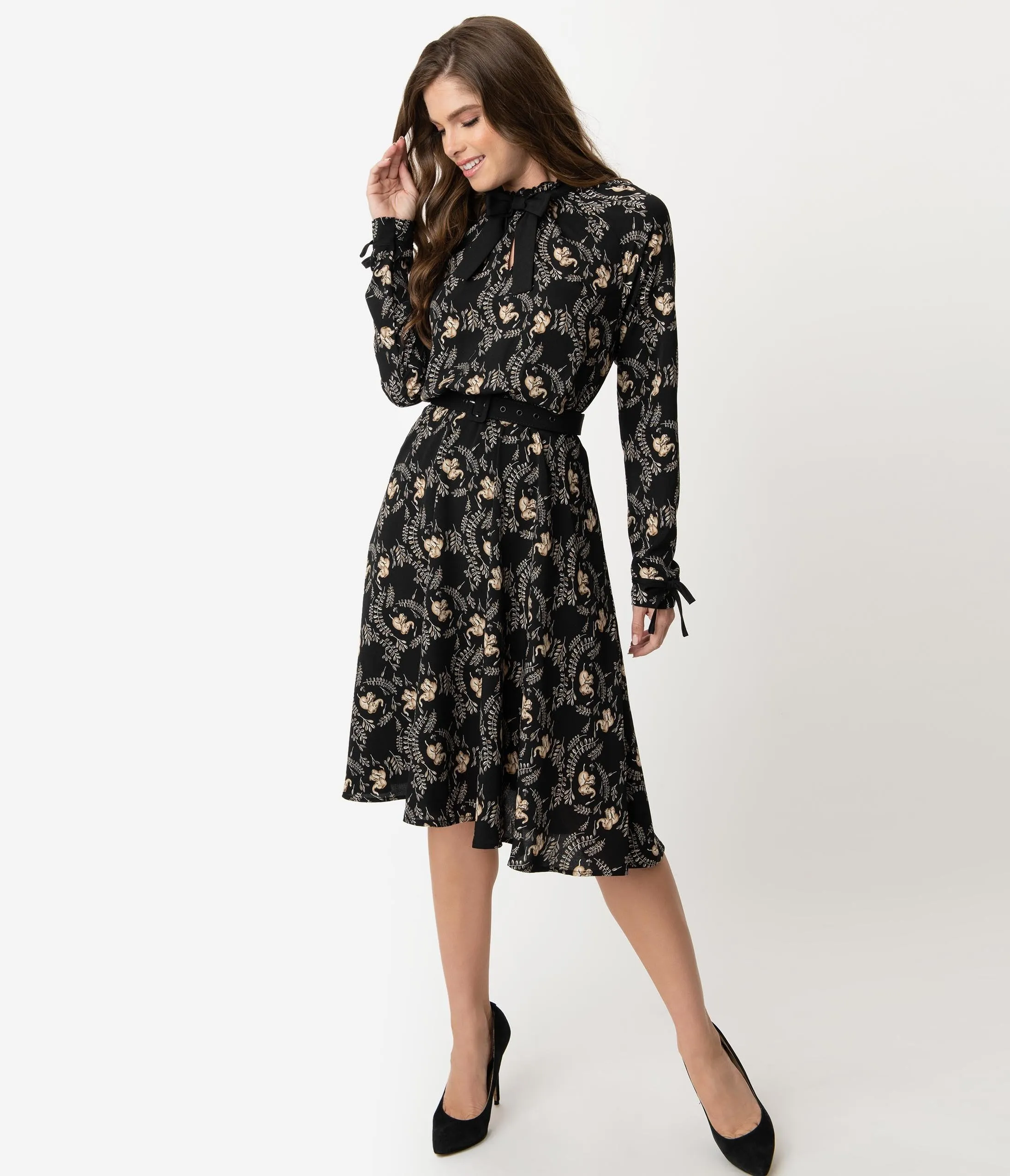 Unique Vintage 1950s Style Black Elephant Print Vandella Swing Dress