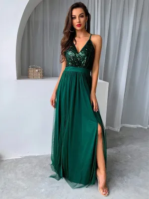 V Neck Backless Green Long Prom Dresses with Sequins Top, Backless Green Formal Graduation Evening Dresses
