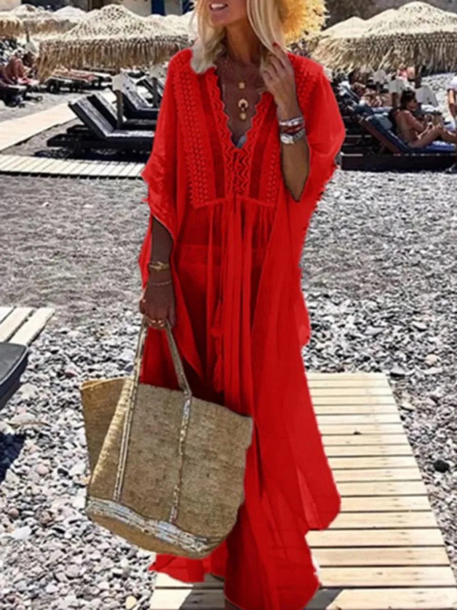 V-Neck See Through Vacation Maxi Dress