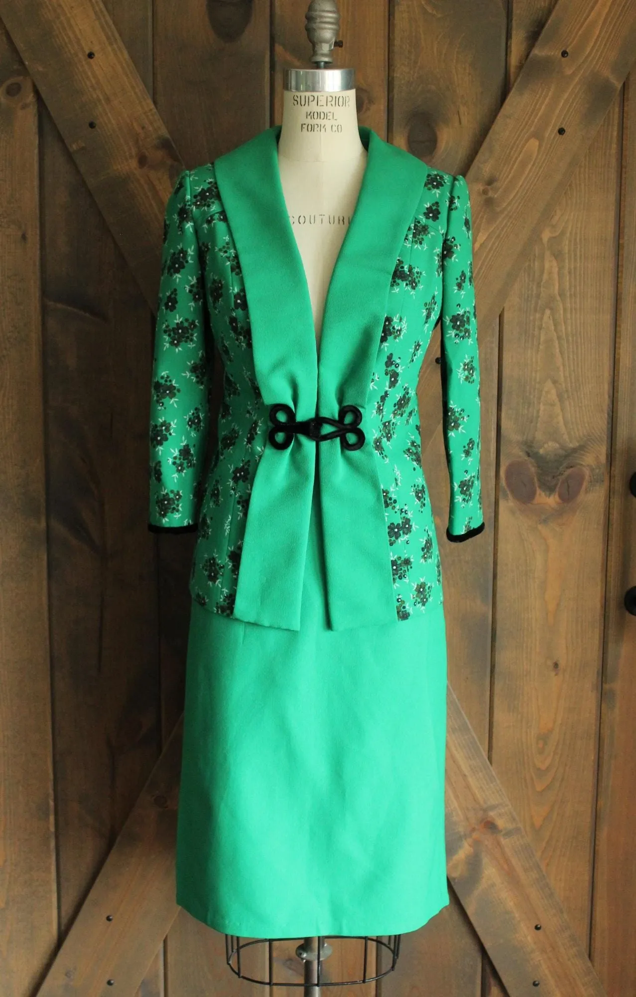 Vintage 1960s A. May Green and Black Two Piece Jacket And Skirt Set