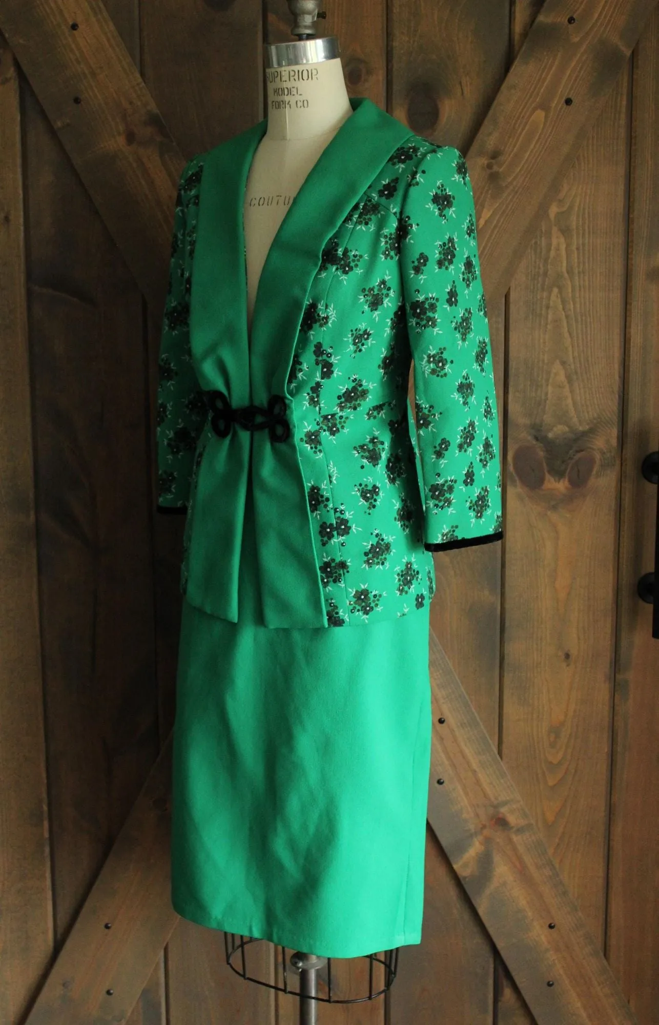 Vintage 1960s A. May Green and Black Two Piece Jacket And Skirt Set