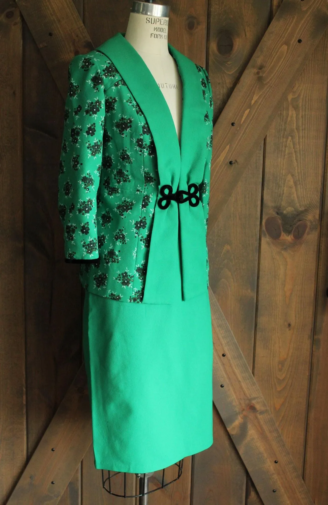 Vintage 1960s A. May Green and Black Two Piece Jacket And Skirt Set