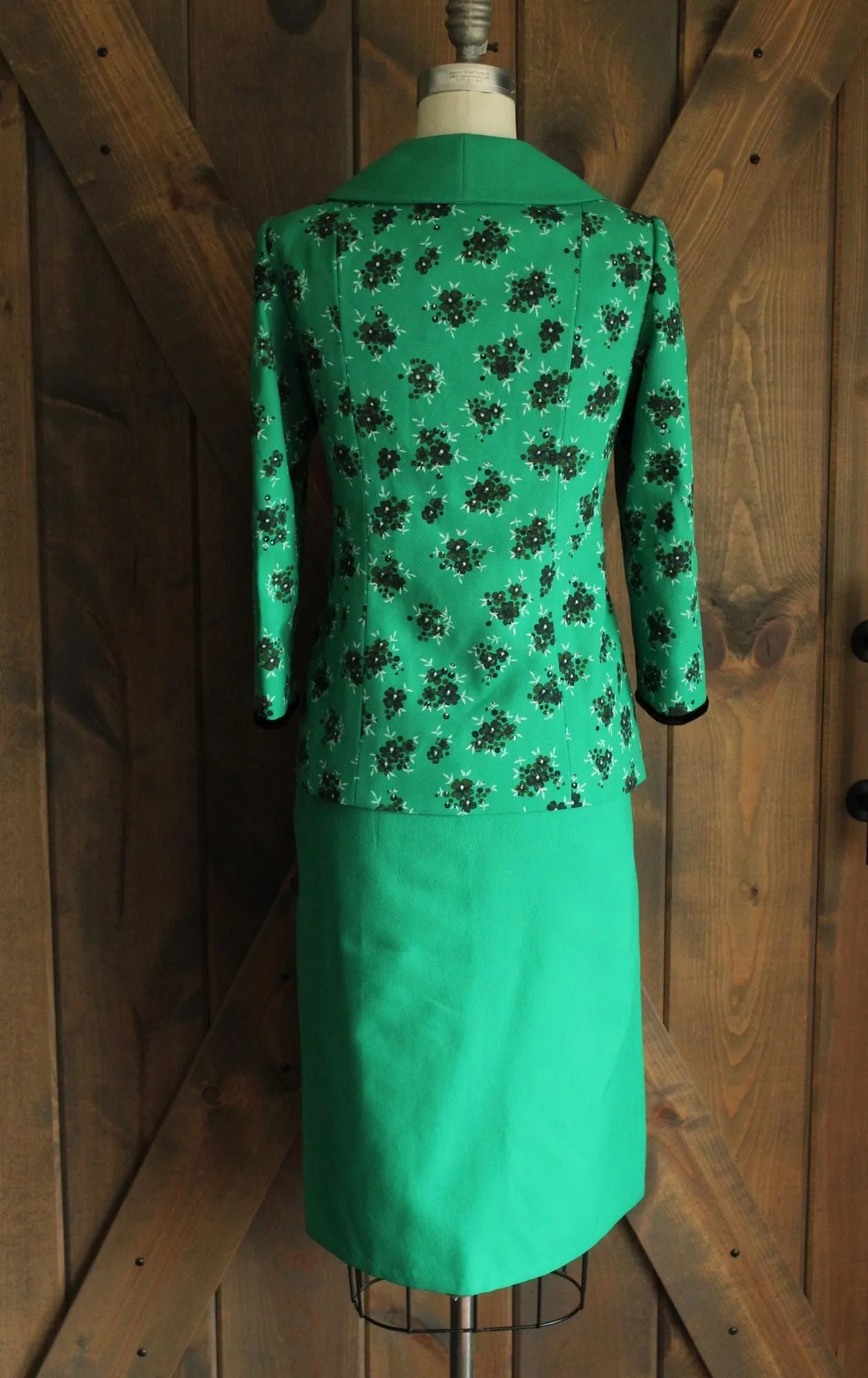 Vintage 1960s A. May Green and Black Two Piece Jacket And Skirt Set