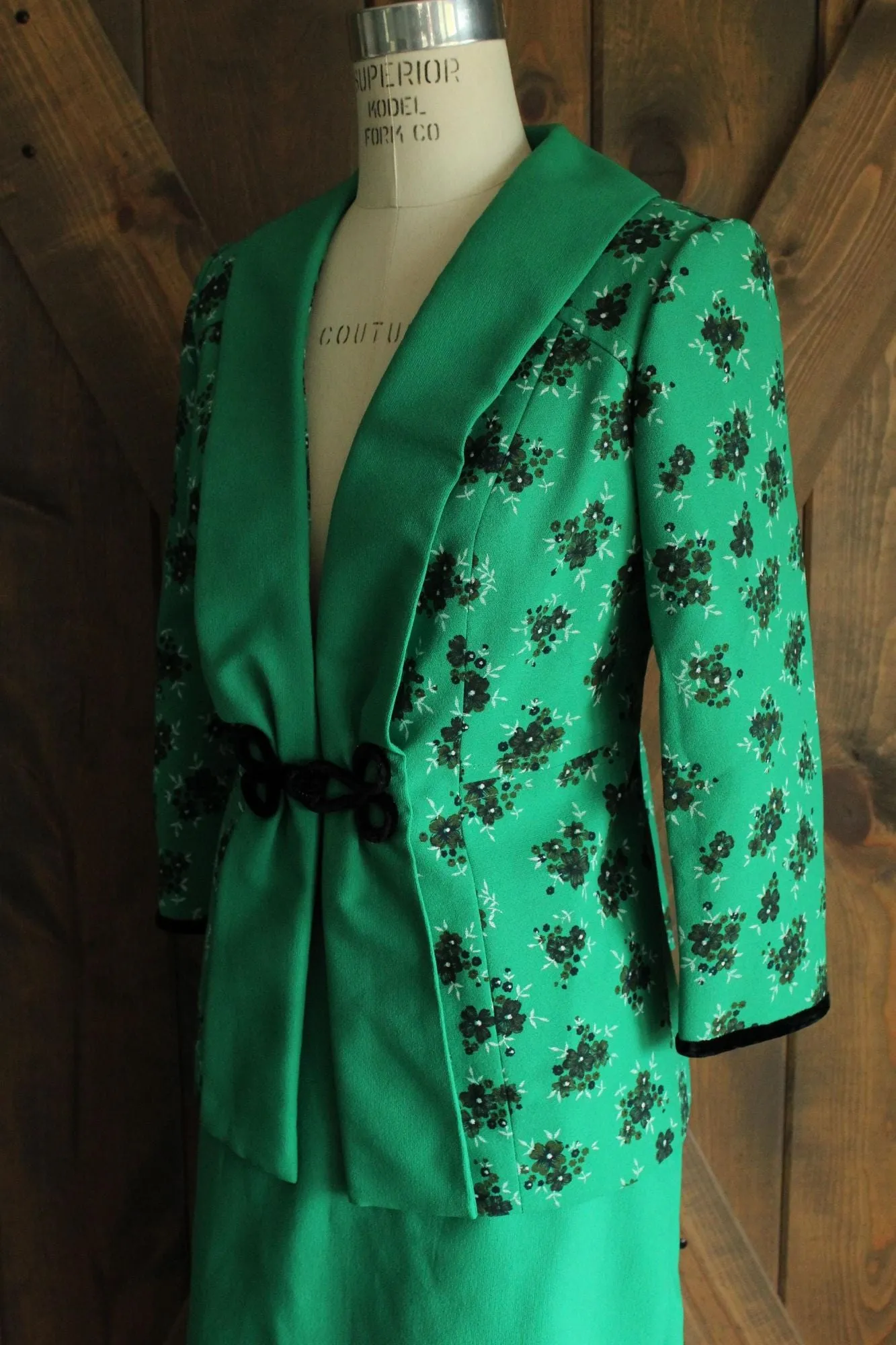 Vintage 1960s A. May Green and Black Two Piece Jacket And Skirt Set