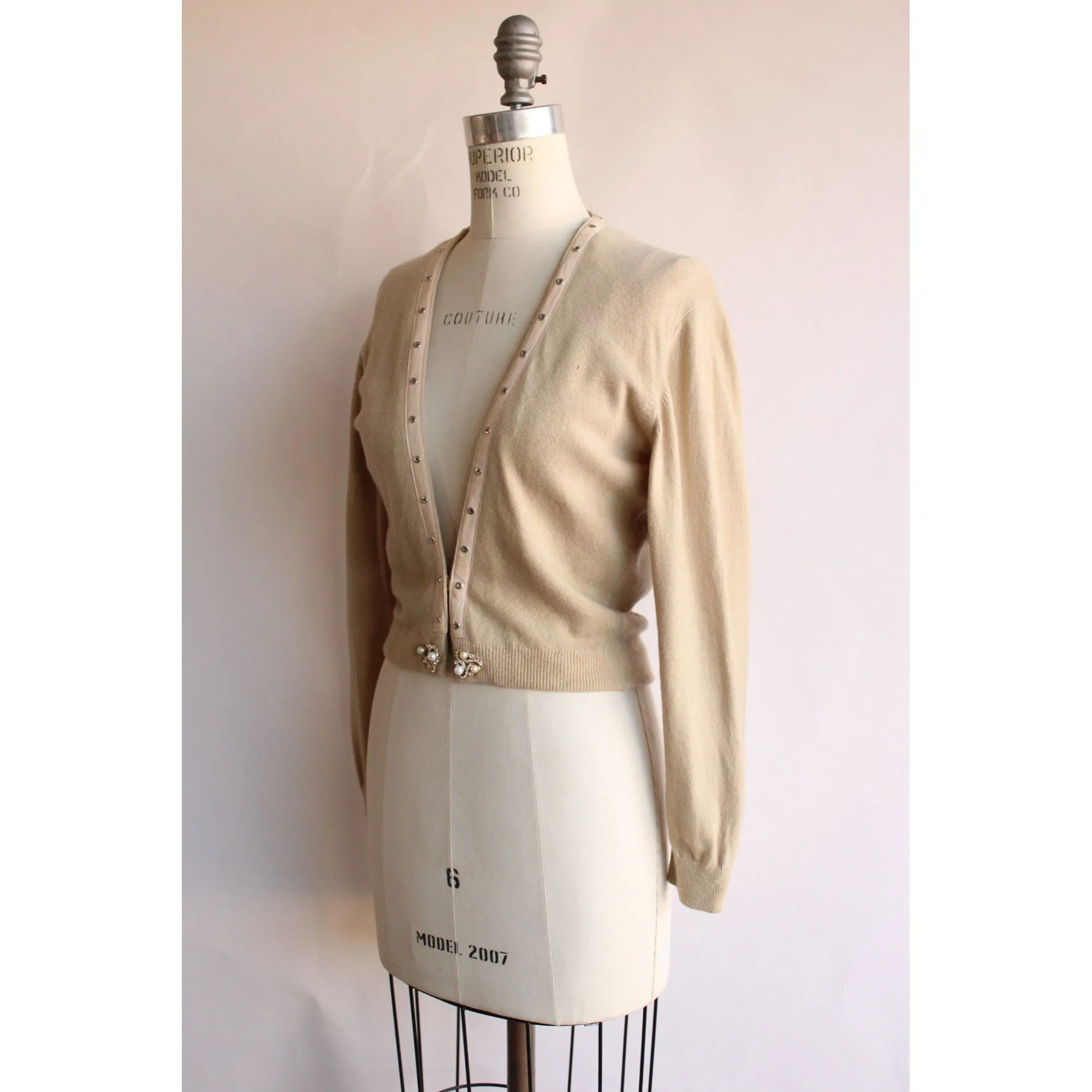 Vintage 1960s Beige Wool Angora Sweater with Rhinestones